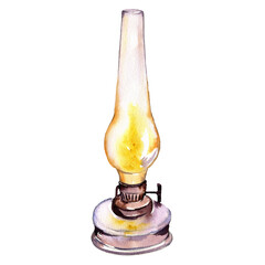 watercolor drawing kerosene lamp at white background, hand drawn illustration