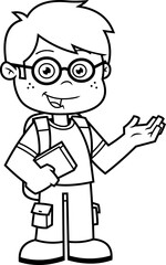 Outlined Happy School Boy Cartoon Character With Textbooks Speak. Vector Hand Drawn Illustration Isolated On Transparent Background
