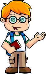 Happy School Boy Cartoon Character With Textbooks Speak. Vector Hand Drawn Illustration Isolated On Transparent Background