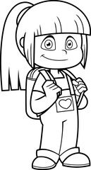 Outlined Cute School Girl Cartoon Character With Backpack Standing. Vector Hand Drawn Illustration Isolated On Transparent Background