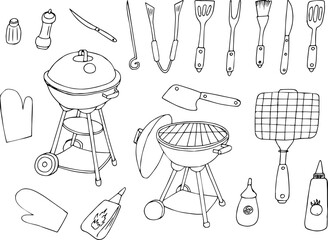 Hand drawn doodle BBQ icons set. Vector illustration summer barbecue symbols collection Cartoon various meals, drinks, food ingredients and decoration elements Sketch