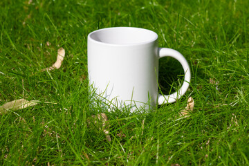 White mug on the lawn. Green grass on a sunny day - 525352243