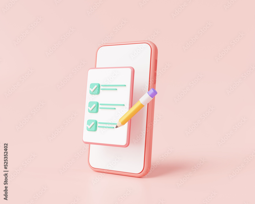 Wall mural Check mark with mobile on pink background. сhecklist app, Tick on smartphone screen, Completed task, Online test, done payment. Business concept. 3d icon render illustration. cartoon minimal style