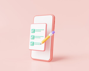 Check mark with mobile on pink background. сhecklist app, Tick on smartphone screen, Completed task, Online test, done payment. Business concept. 3d icon render illustration. cartoon minimal style