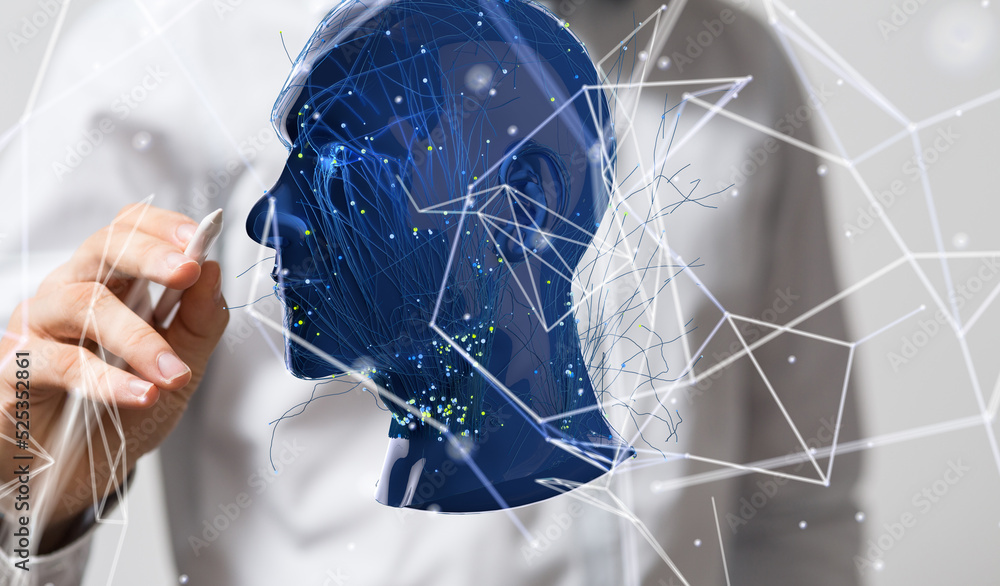 Poster Global network. Blockchain. 3D illustration. Neural networks and artificial intelligence. Abstract