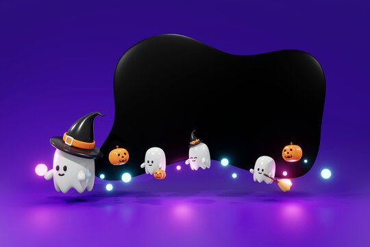 3D Rendering Halloween invitation card mock up copy space template cute ghost pumpkin and light with space for text on background. 3d render cartoon style.