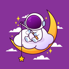 cute astronaut fishing a star on the moon