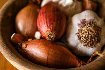 Different types of onion with garlic close up on wooden board