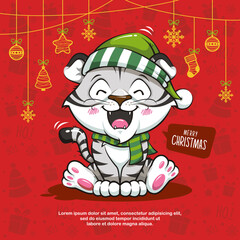 Merry Christmas And Happy New Year With Cute White Tiger On Red Background