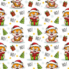 Seamless Pattern Happy Cute Tiger With Santa Claus Cap, Gift Box, And Christmas Tree