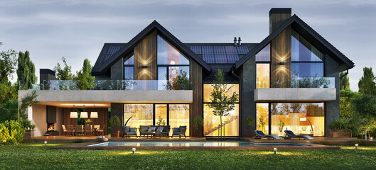 Evening view of a large modern house with solar panels on the roof - obrazy, fototapety, plakaty