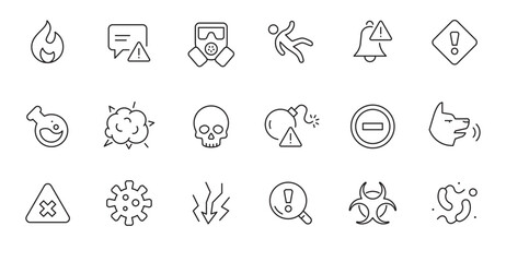 Fototapeta premium Danger biohazard line icon set. Fire danger, angry dog, chemical radiation sign. Virus, bomb, gas mask alert symbol. Thin line editable stroke sign. Vector illustration.