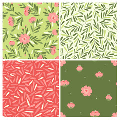 Set of seamless floral patterns for women's fabric. Buds and flowers with sprigs of green leaves are scattered across the background. Flat vector illustration.
