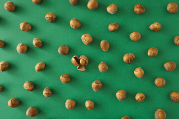 Elegant  autumn concept with hazelnuts and one with broken shell. Autumn 2022 dark green background.