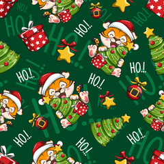 Seamless Pattern With Tiger Santa Claus And Christmas Tree. Cute Cartoon Illustration