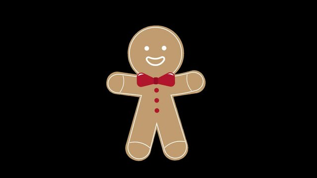Icon animation of a gingerbread cookie in the shape of a person, smiling and waving