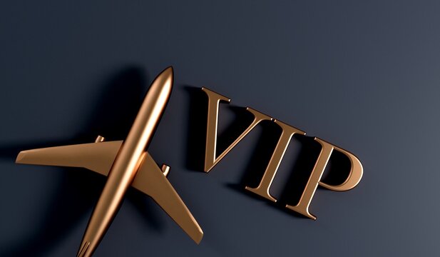 VIP airplane travel service gold background. 3D Rendering