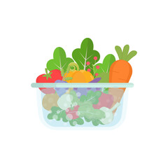 Wash fresh vegetables for cooking. Clean vegetables under water in bowl. Healthy food. Vector illustration.