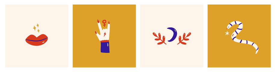 Girl power illustrations, colorful posters. Feminism concept art. Vector cards. 