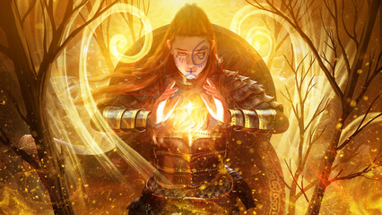 A sweet young Scandinavian girl with red hair in a gilded Viking plate armor with a shield on her back, she appeals to the magic of the earth forming the spiritual sacred seed of nature. 3d rendering