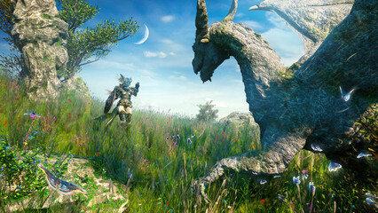 A beautiful landscape with a female warrior in dense shiny armor, she is a valkyrie who walks with her arm outstretched across a green field to stone dragon, around wild nature blue sky. 3d rendering