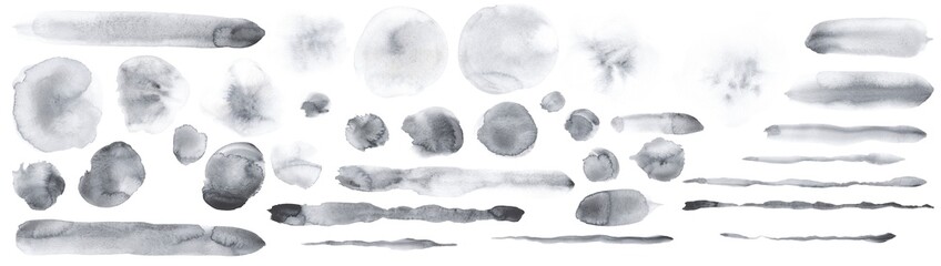 Gray watercolor splotches isolated on white background, handmade watercolor texture set