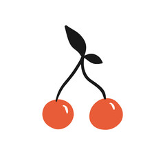 Two cherries illustration. Red cherry composition. Isolated vector element, hand drawn cartoon drawing. 