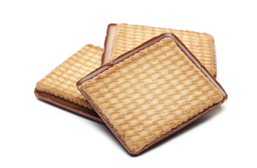 Chocolate filled cookie, biscuit isolated on white 