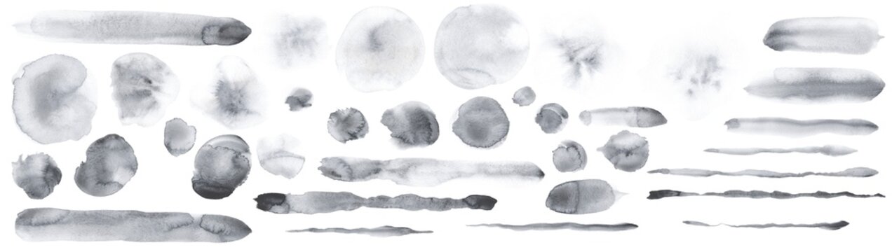 Gray watercolor splotches isolated on white background, handmade watercolor texture set