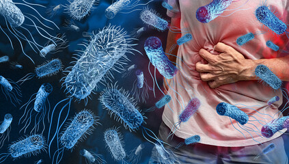 Salmonella poisoning Bacteria outbreak concept and bacterial infection as a microscopic background with dangerous foodborne disease as a person suffering with stomach pain