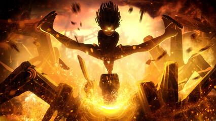 inhumanly strong girl strikes a crushing blow with a hammer on mechanical spider, breaking it into pieces with blow, she is a homunculus with a symbol on her head in an epic action pose. 2d anime art