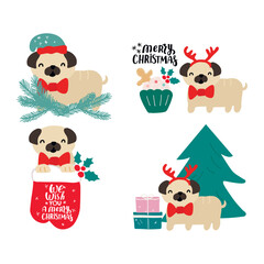 Christmas puppy dog pug. Merry Christmas for dog lover. Cute cartoon vector illustration. Holidays design element for greeting cards, stickers, t shirt, poster.
