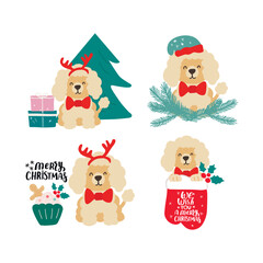 Christmas puppy dog poodle. Merry Christmas for dog lover. Cute cartoon vector illustration. Holidays design element for greeting cards, stickers, t shirt, poster.