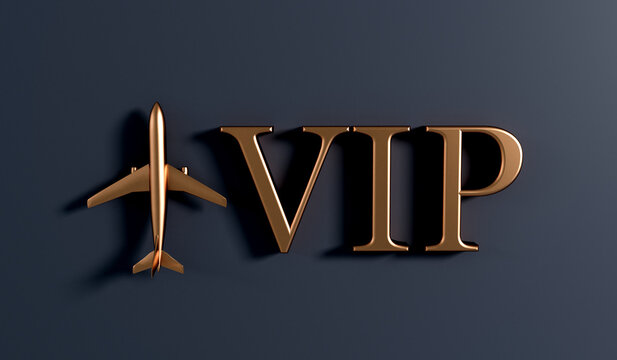VIP airplane travel service gold background. 3D Rendering