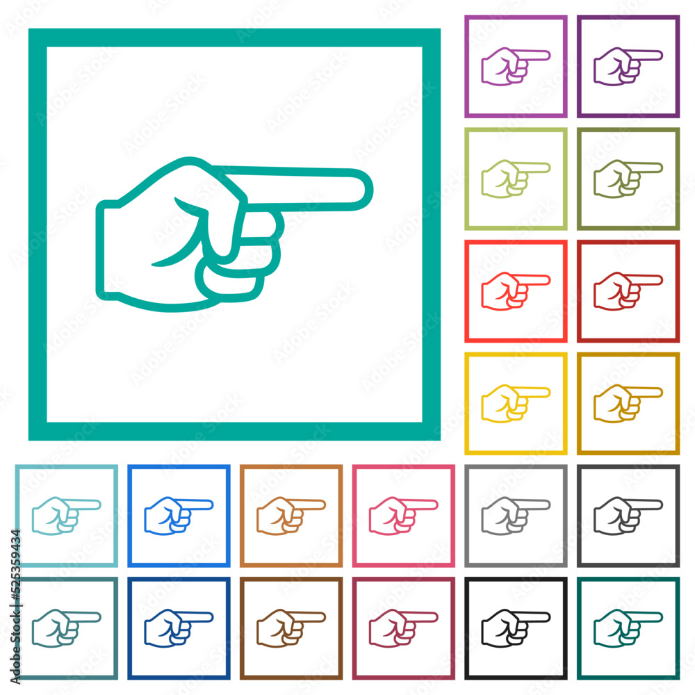 Poster right pointing hand outline flat color icons with quadrant frames