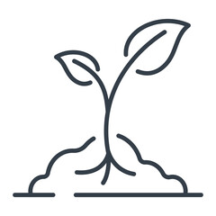 Line icon, plant sprout with leaves grows from the ground, vector isolated natural illustration.