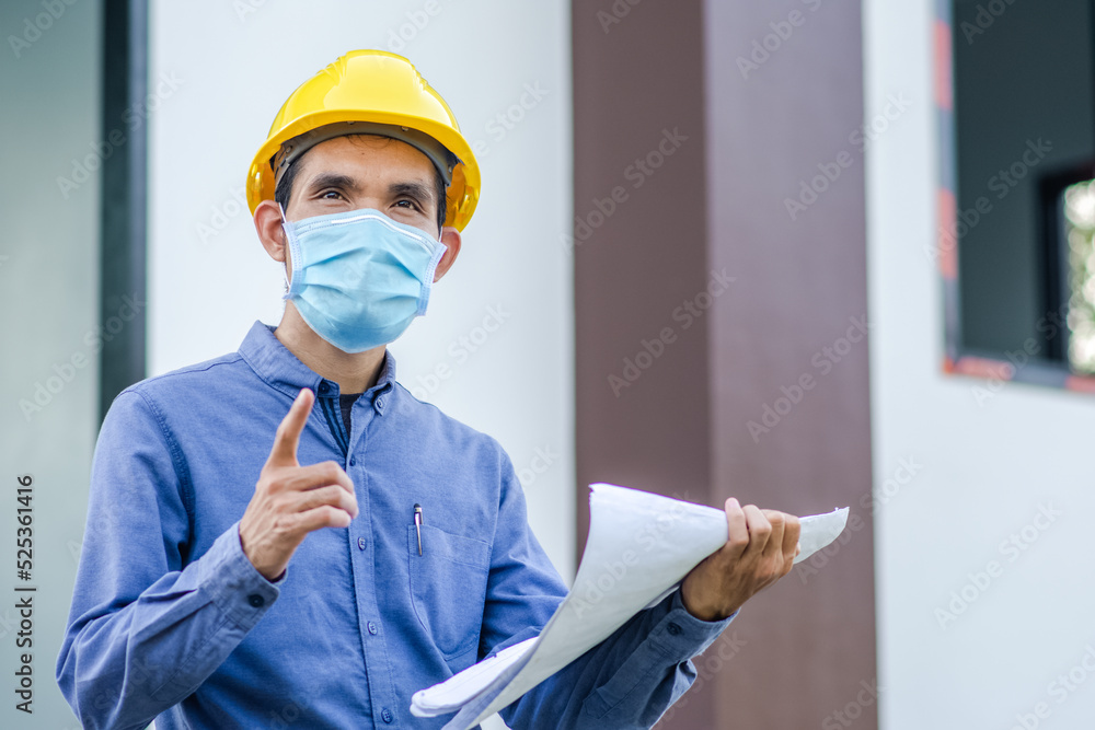 Poster asian manager engineer in construction site control building project development