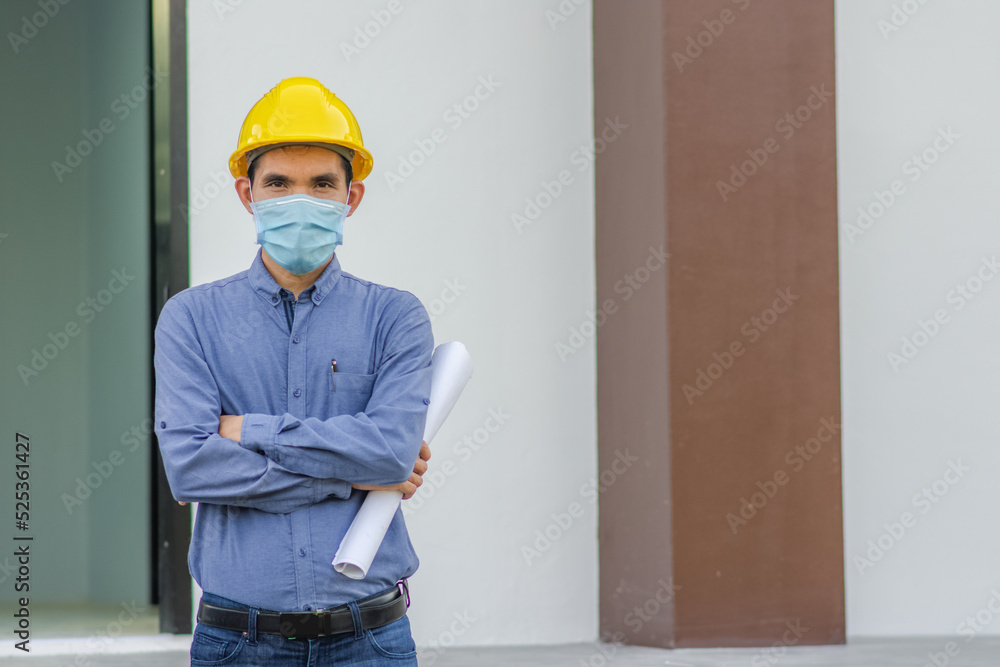 Poster asian manager engineer in construction site control building project development