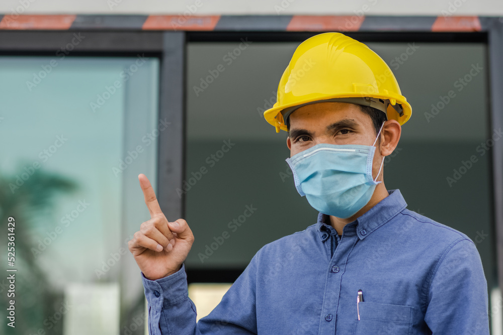 Poster asian manager engineer in construction site control building project development