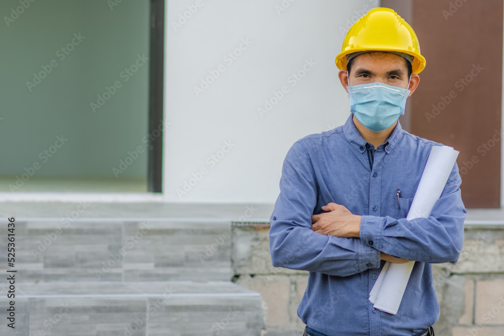 Poster asian manager engineer in construction site control building project development