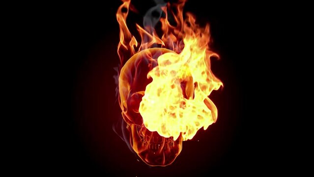 Burning skull on a black background. Slow motion fire flames with sparks. 