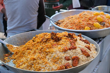 indian chicken Biryani on street of Delhi, Inida