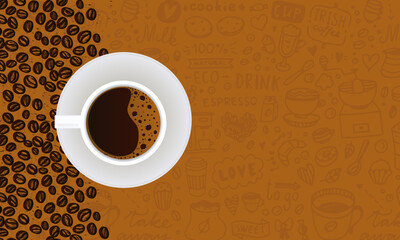 international day of coffee Background with illustration Kopi Diatas Gelas, Biji Kopi Dan Doodle, Space Area. Suitable to place on content with that theme.