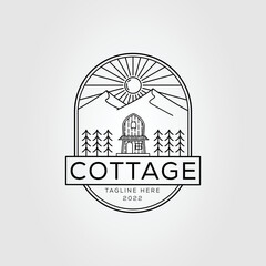 Cottage or cabin with mountain landscape logo vector illustration design