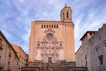 Fototapeta na wymiar View of the main facade of the Girona Cathedral, with its grand staircase, Catalunya, Spain