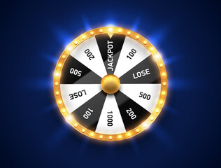 Bright fortune wheel spin mashine. Shiny led bulbs frame, isolated on blue background. Casino banner design element or icon. White black sector - 525362222