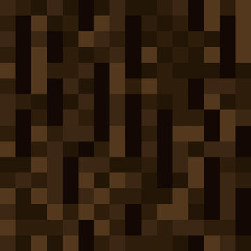 Pixel minecraft style wood block background. Concept of game pixelated seamless square dark brown bark background. Vector illustration