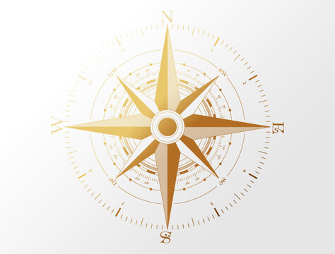 Vector compass wind rose logo picture. Golden color on light white grey gradient background. Columbus day or travel design element