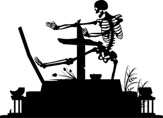 Silhouette of a skeleton at a tombstone. No gradients and other effects. Vector.