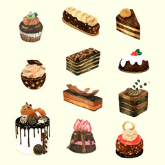 Chocolate dessert set with watercolor vector illustration